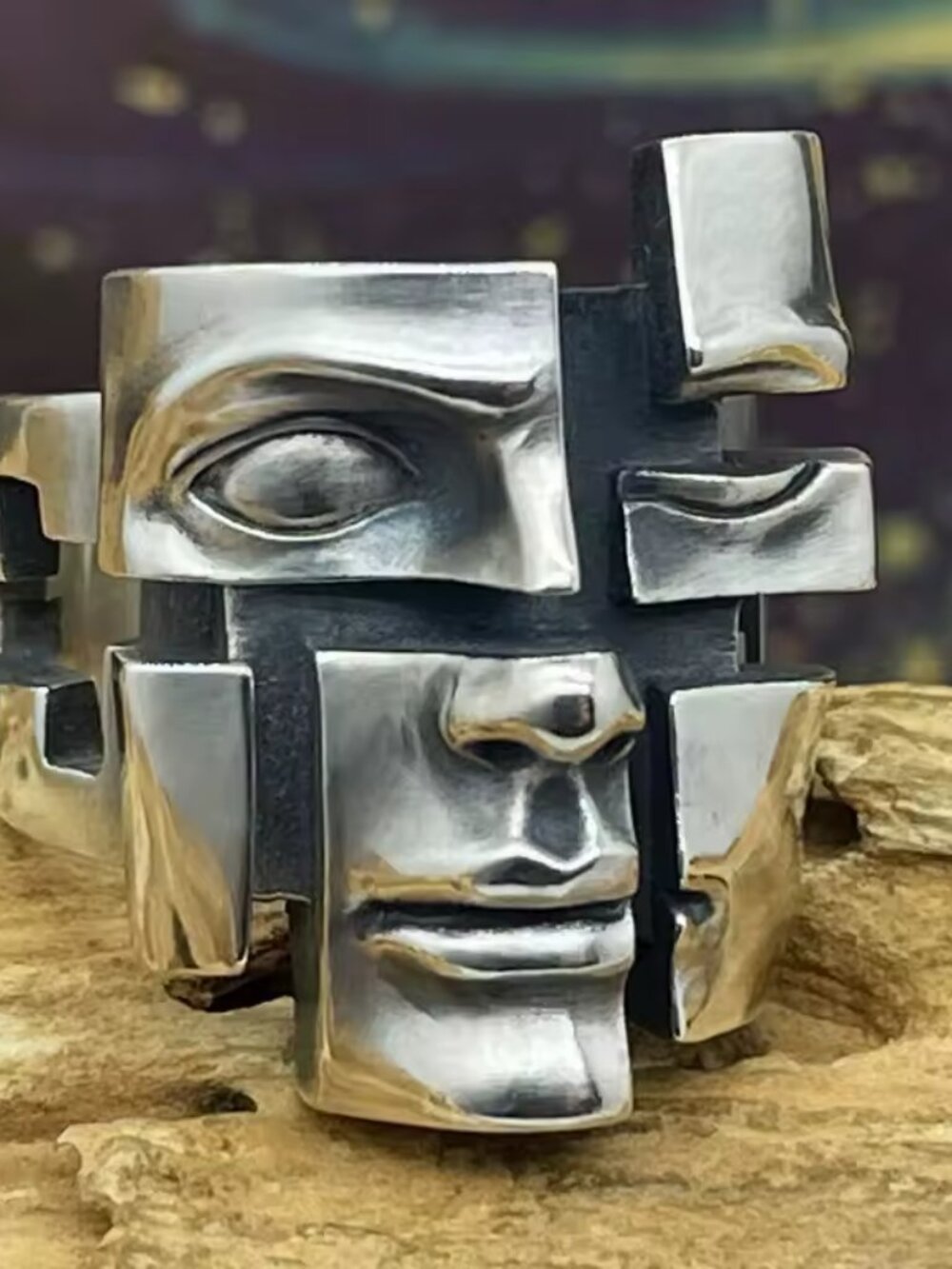 Abstract Split Face Ring Adjustable Retro Mask Open Ring Statement Jewelry